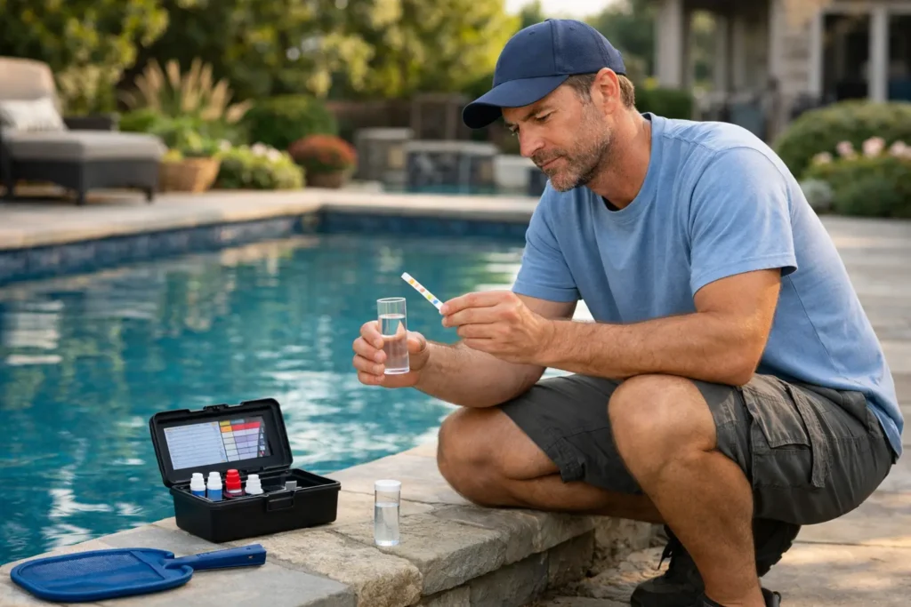 Pool service technician testing pool water chemistry beside a clean residential swimming pool